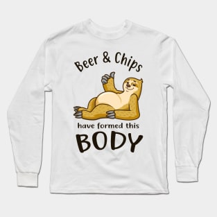 Sloth With Beer Belly Beer And Chips Body Fun Long Sleeve T-Shirt